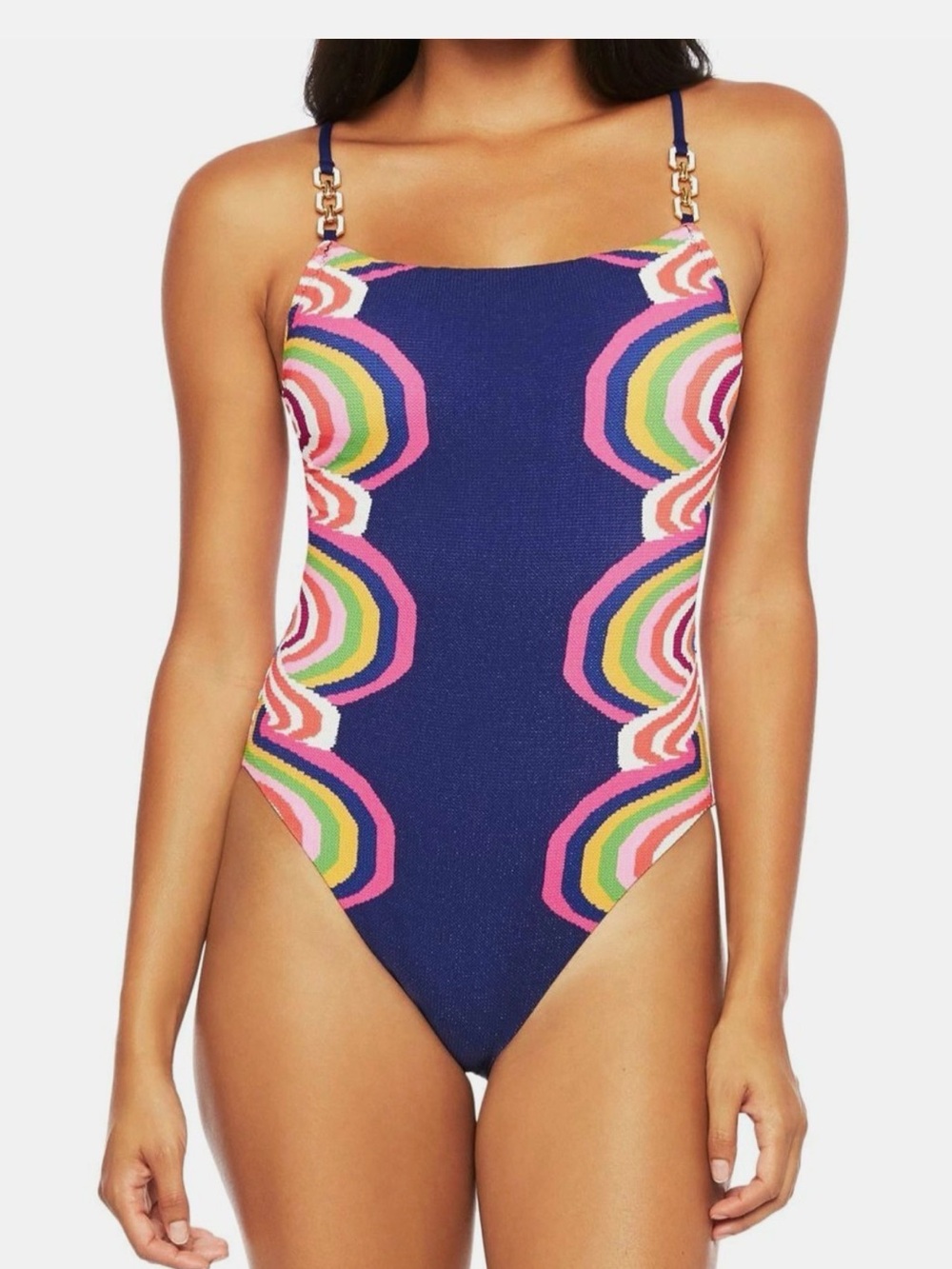 Trina Turk Navy Rainbow Print One-Piece Swimsuit with Chain Straps Size 8